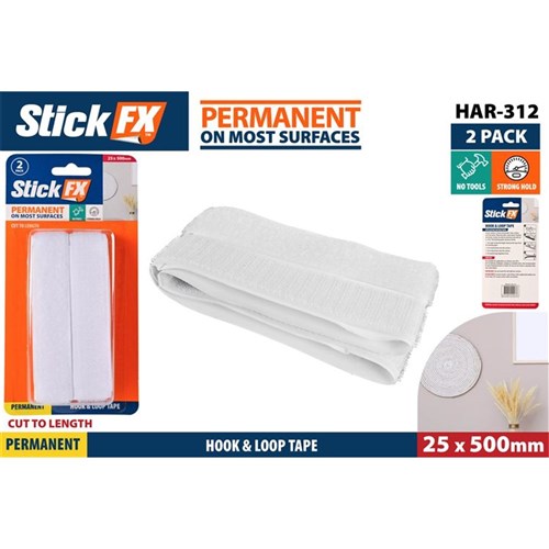 StickFX 2pce Hook & Loop (velcro) Tape 25mm X 500mm White